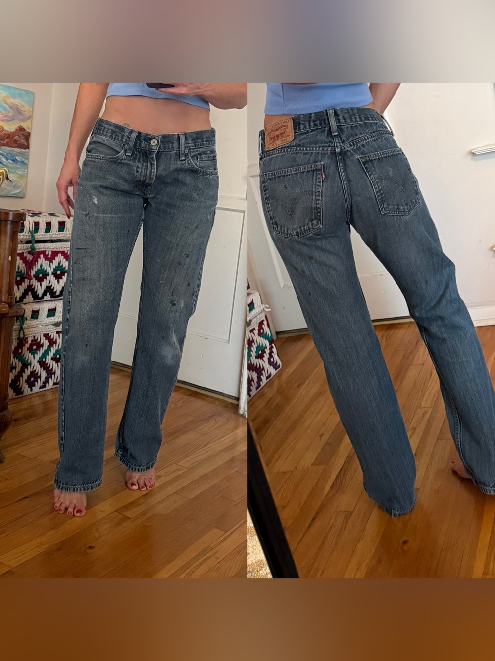 Levi's 31X32 100% Cotton Straight Jeans in Distressed Faded Blue Denim